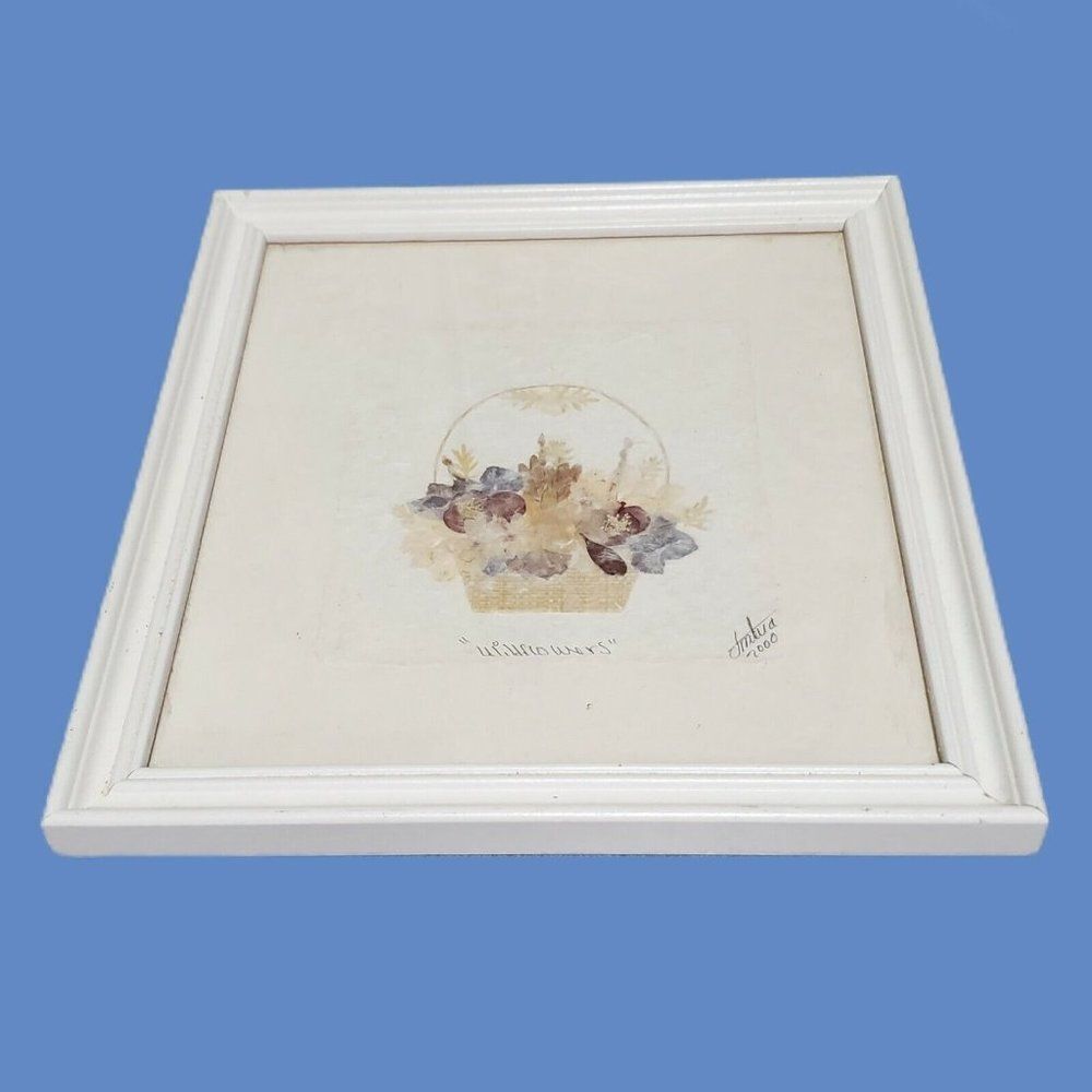 Vintage Framed Pressed Flowers Dried Basket Wood Frame Wildflowers Country Decor
